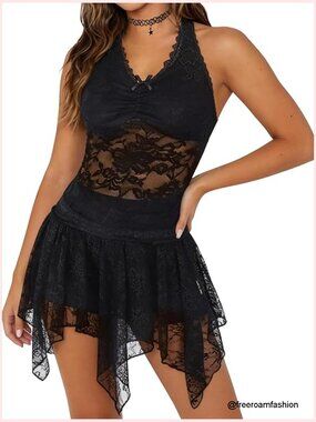 Y2K 2 Piece Lace Skirt Set Sleeveless Halter Top Flowy Mini Skirt Rave Outfit